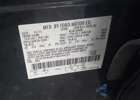 2015 Ford Edge Sel from USA, damaged, VIN 2FMTK4J87FBC09757